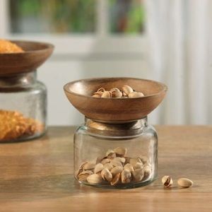 NIB Glass Jar with Wooden Serving Bowl | Artisan Kitchen Serve ware